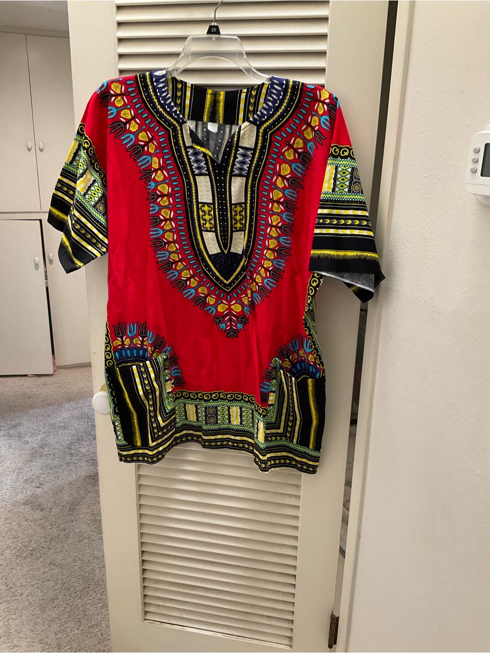 Red Dashiki-Style Tunic with Multicolor Tribal Print